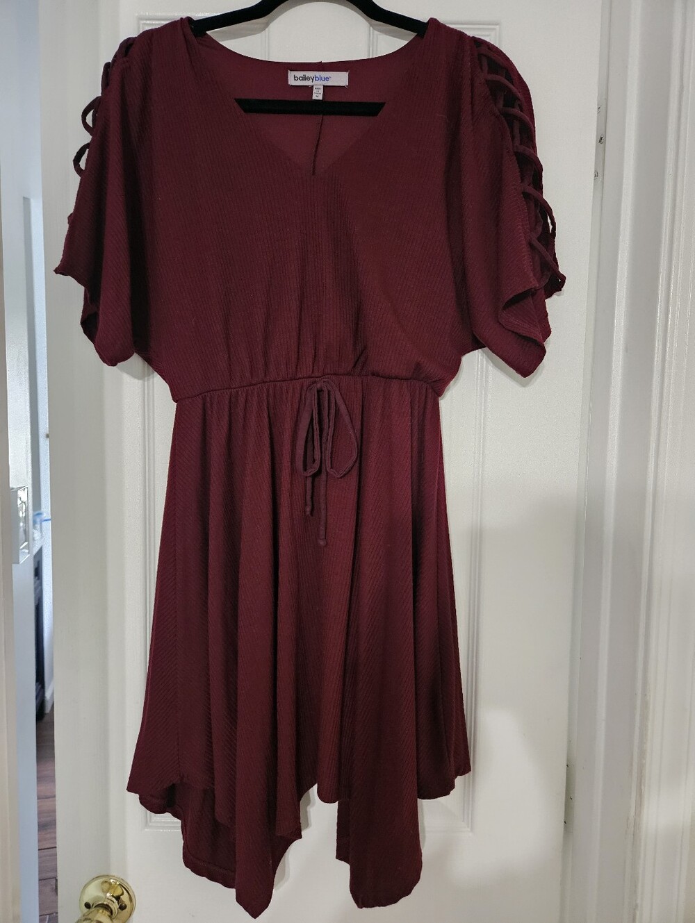 Bailey Blue Burgundy Caged Sleeve Handkerchief Hem Dress